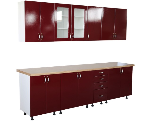 Bucatarie Zebra 260 cm din MDF Rosu Simplu cu blat termoizolant crem